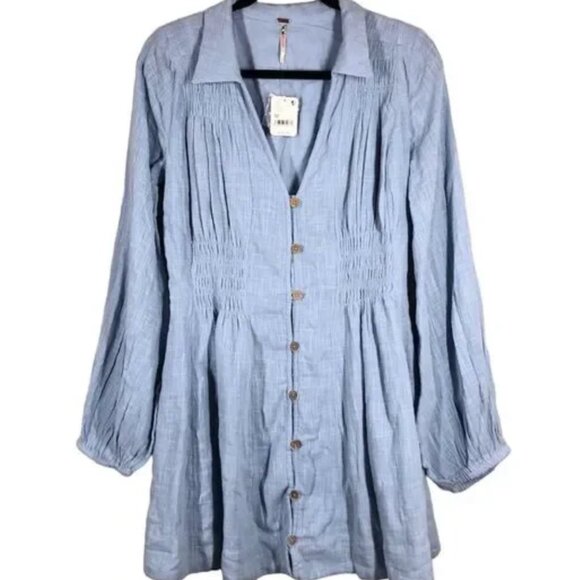 Free People Blue Liesel Shirt Dress Smocked Waist Balloon Sleeves Medium - Picture 1 of 6